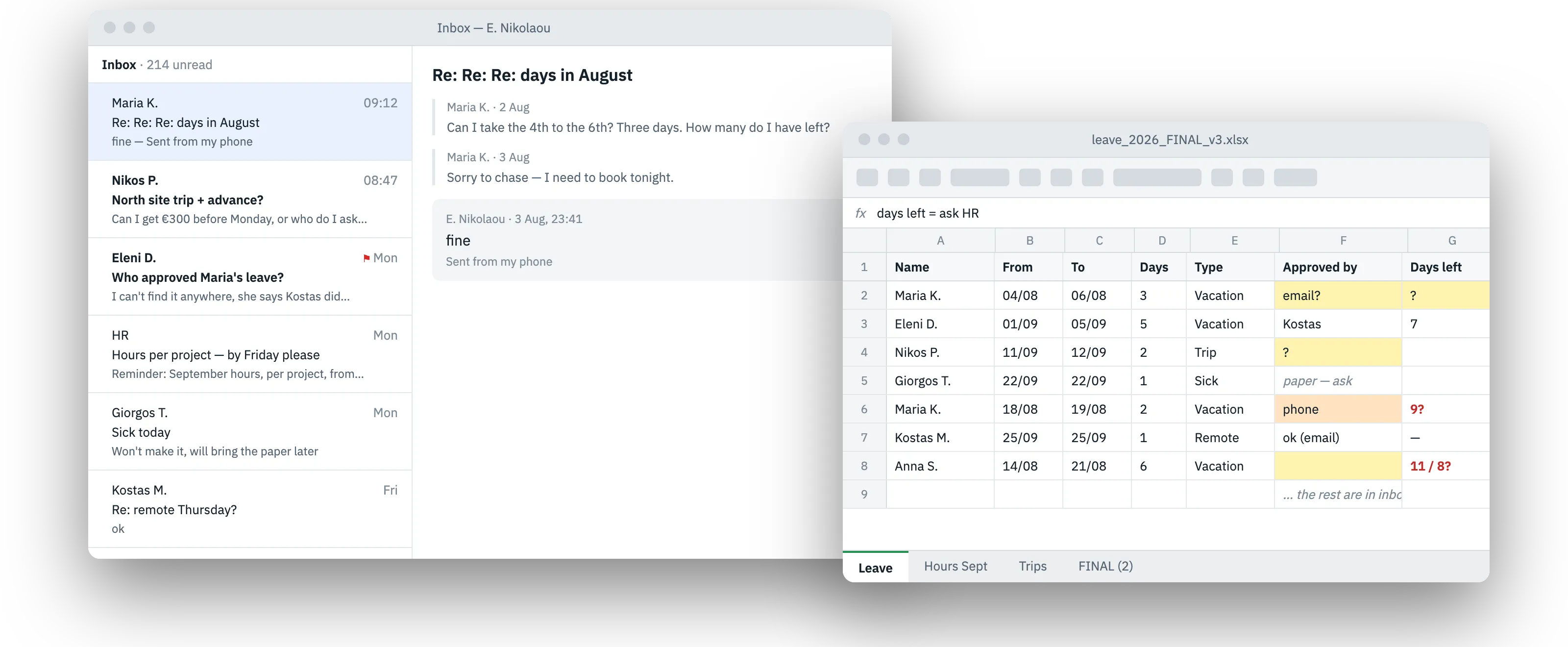 Before: Leave, trips and project hours, approved by email and lost there